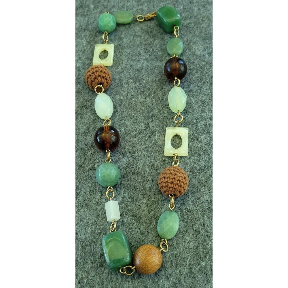 Green Brown Mixed Material Boho Statement Necklace Wood Beads 17in 50g Chunky